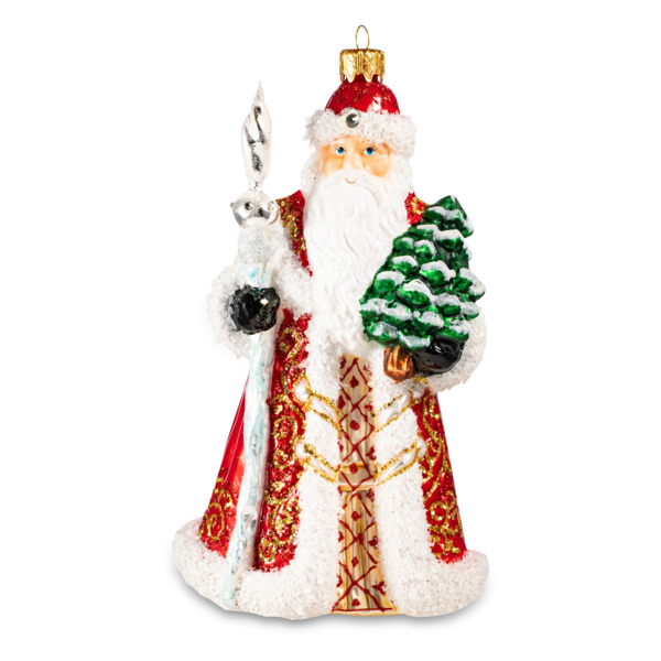 Игрушка елочная Morozko Дед Мороз с посохом в красном 13х12х23 см, стекло, п/к