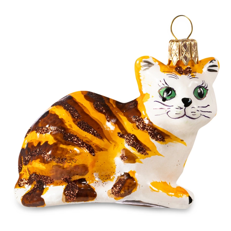Игрушка елочная Morozko Кошечка рыжая с зелеными глазами 9х9х12 см, стекло, п/к