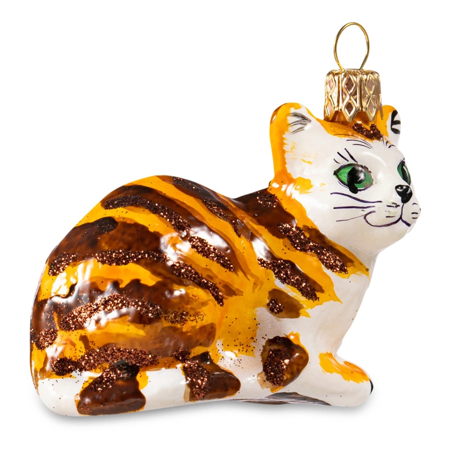 Игрушка елочная Morozko Кошечка рыжая с зелеными глазами 9х9х12 см, стекло, п/к