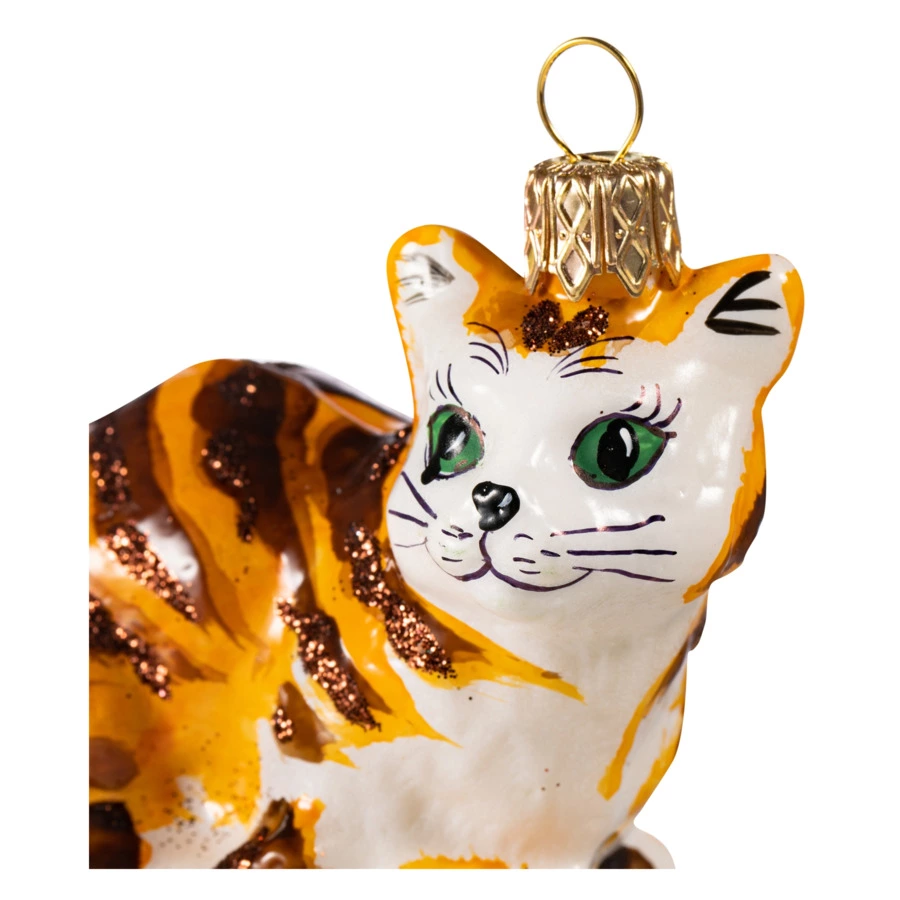 Игрушка елочная Morozko Кошечка рыжая с зелеными глазами 9х9х12 см, стекло, п/к