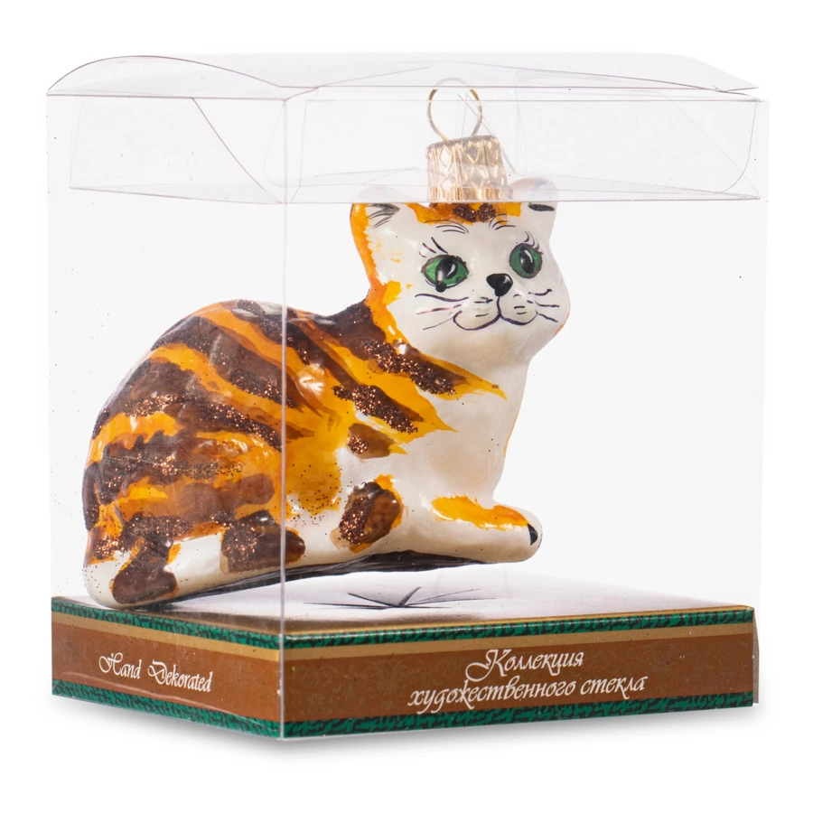 Игрушка елочная Morozko Кошечка рыжая с зелеными глазами 9х9х12 см, стекло, п/к