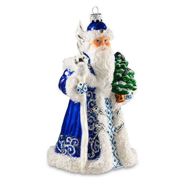 Игрушка елочная Morozko Дед Мороз с посохом в синем 13х12х23 см, стекло, п/к