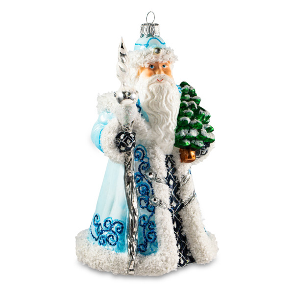 Игрушка елочная Morozko Дед Мороз с посохом в голубом 13х12х23 см, стекло, п/к