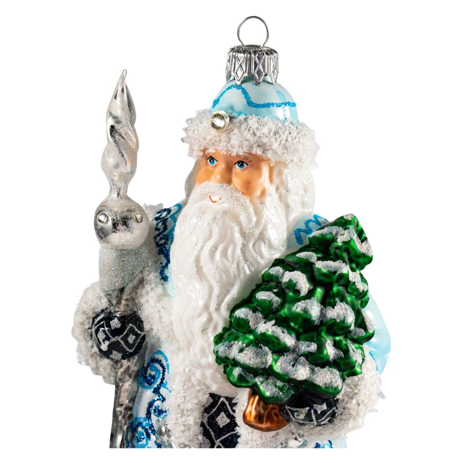 Игрушка елочная Morozko Дед Мороз с посохом в голубом 13х12х23 см, стекло, п/к