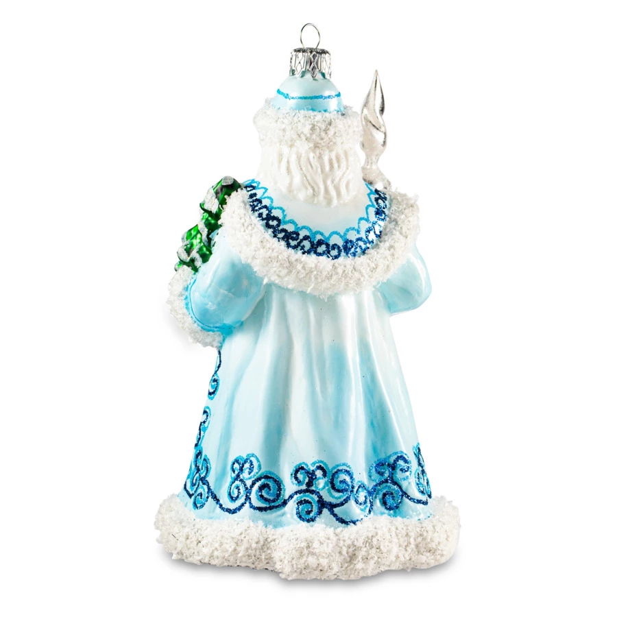 Игрушка елочная Morozko Дед Мороз с посохом в голубом 13х12х23 см, стекло, п/к
