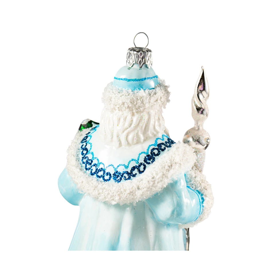 Игрушка елочная Morozko Дед Мороз с посохом в голубом 13х12х23 см, стекло, п/к