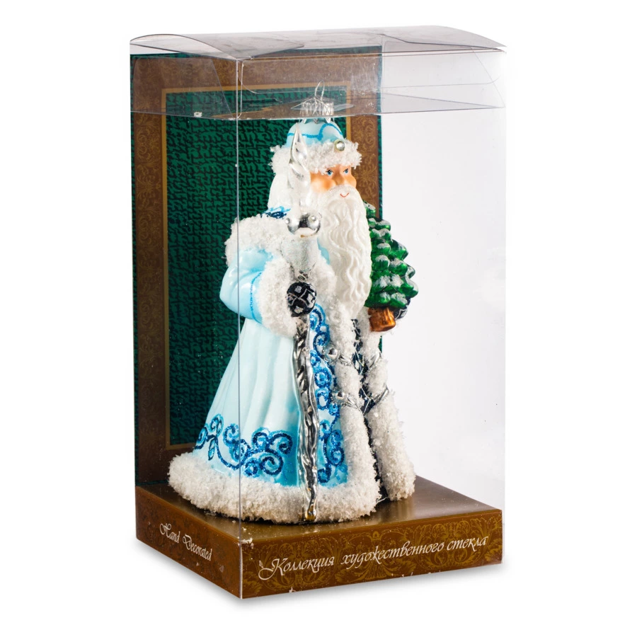 Игрушка елочная Morozko Дед Мороз с посохом в голубом 13х12х23 см, стекло, п/к