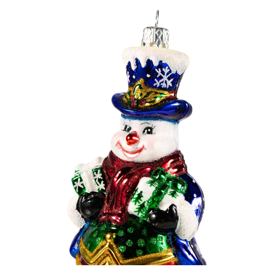 Игрушка елочная Morozko Снеговик в циллиндре с подарками 11х9х16,5 см, стекло, п/к