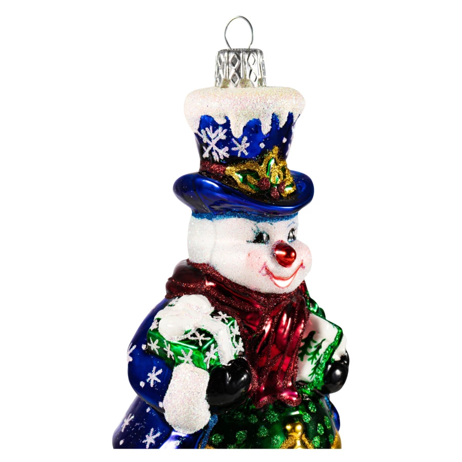 Игрушка елочная Morozko Снеговик в циллиндре с подарками 11х9х16,5 см, стекло, п/к