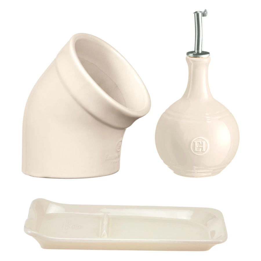 Набор солонка, бутылка для уксуса и подставки для ложки Emile Henry, крем, керамика