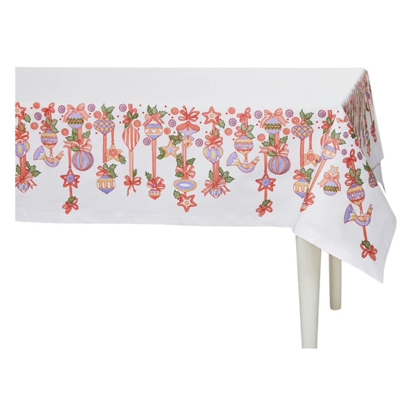 Скатерть прямоугольная Mix&Match Home Новогодние игрушки 145х180 см, хлопок, белая, без мережки