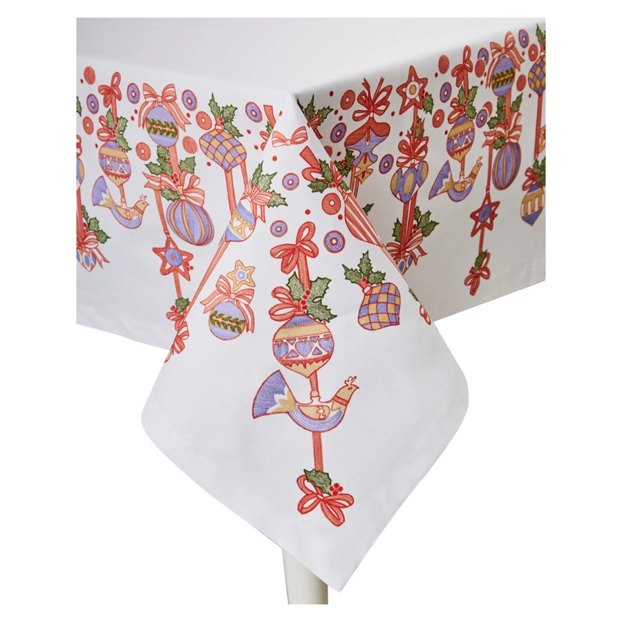 Скатерть прямоугольная Mix&Match Home Новогодние игрушки 145х180 см, хлопок, белая, без мережки