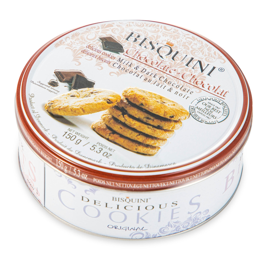 Печенье с кусочками молочного и темного шоколада Bisquini 150 г, ж/б