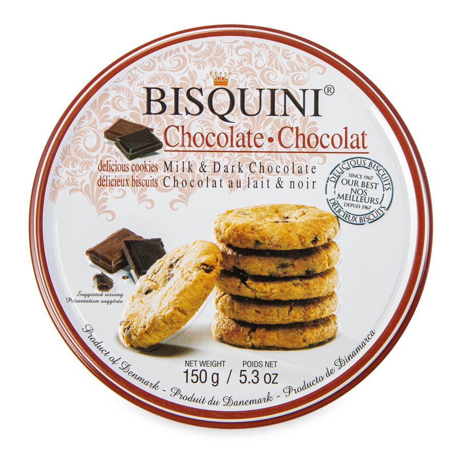 Печенье с кусочками молочного и темного шоколада Bisquini 150 г, ж/б