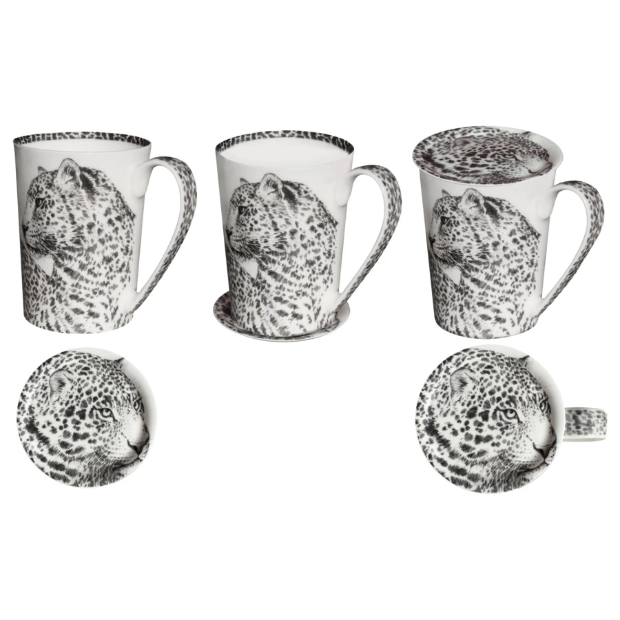 Кружка с крышкой Taitu Дикий нрав Леопард 450 мл, фарфор костяной