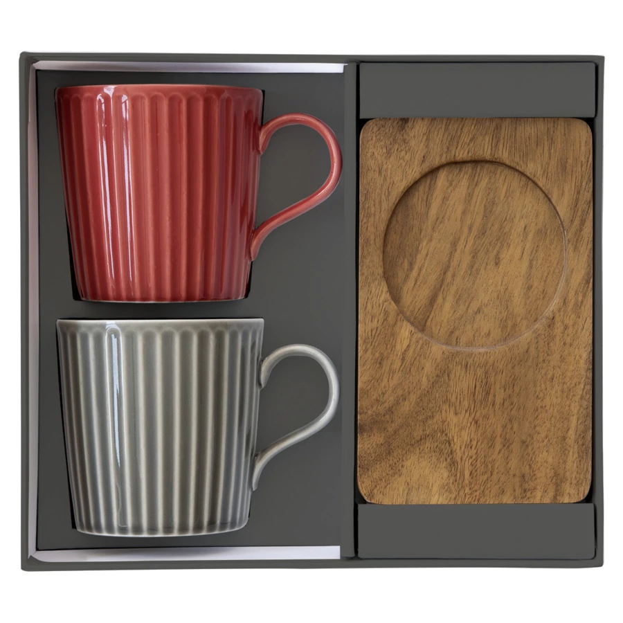 Набор кружек на подставке Easy Life Время отдыха 380 мл, 2 шт, фарфор твердый, дерево, красная, сера