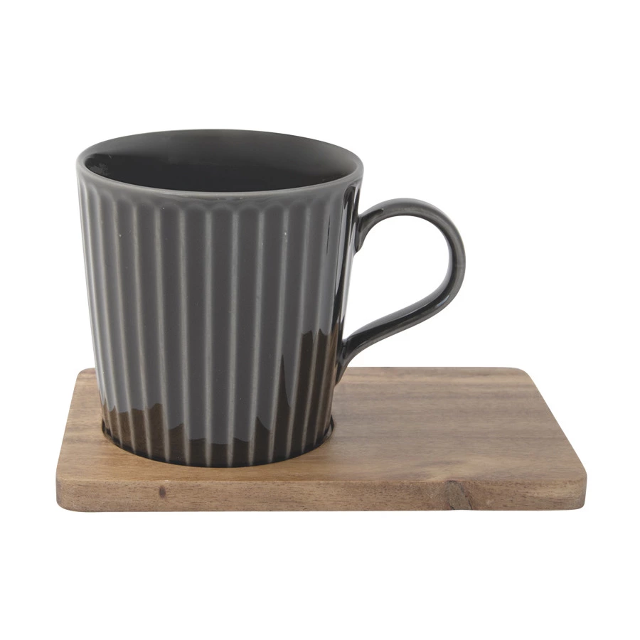Набор кружек на подставке Easy Life Время отдыха 380 мл, 2 шт, фарфор твердый, дерево, черная, светл