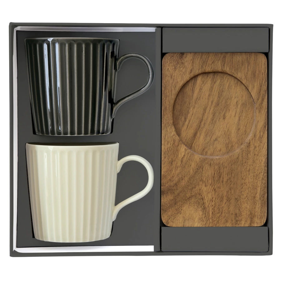 Набор кружек на подставке Easy Life Время отдыха 380 мл, 2 шт, фарфор твердый, дерево, черная, светл