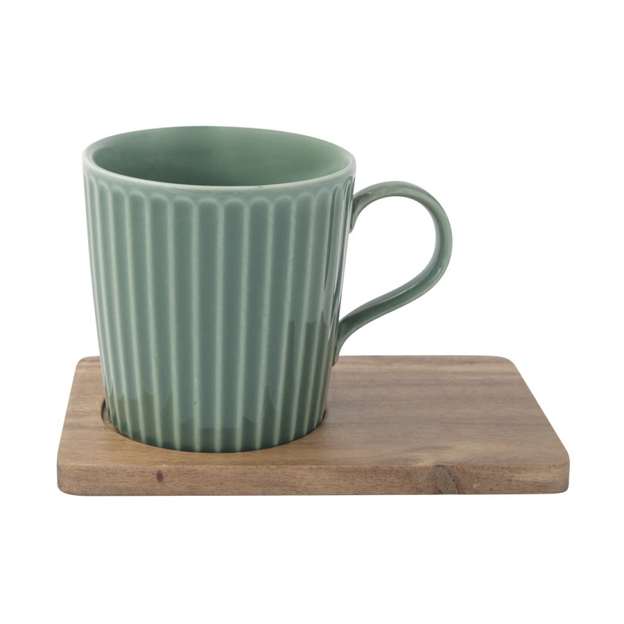 Набор кружек на подставке Easy Life Время отдыха 380 мл, 2 шт, фарфор твердый, дерево, зеленая, свет