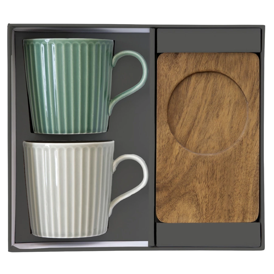 Набор кружек на подставке Easy Life Время отдыха 380 мл, 2 шт, фарфор твердый, дерево, зеленая, свет