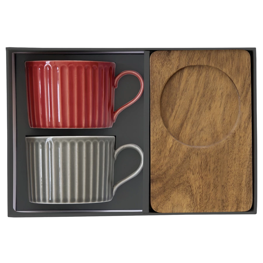 Набор кружек на подставке Easy Life Время отдыха 250 мл, 2 шт, фарфор твердый, дерево, красная, сера
