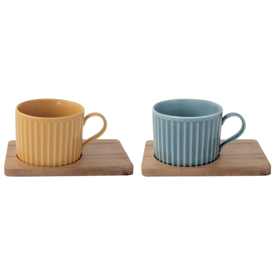 Набор кружек на подставке Easy Life Время отдыха 250 мл, 2 шт, фарфор твердый, дерево, синяя, желтая