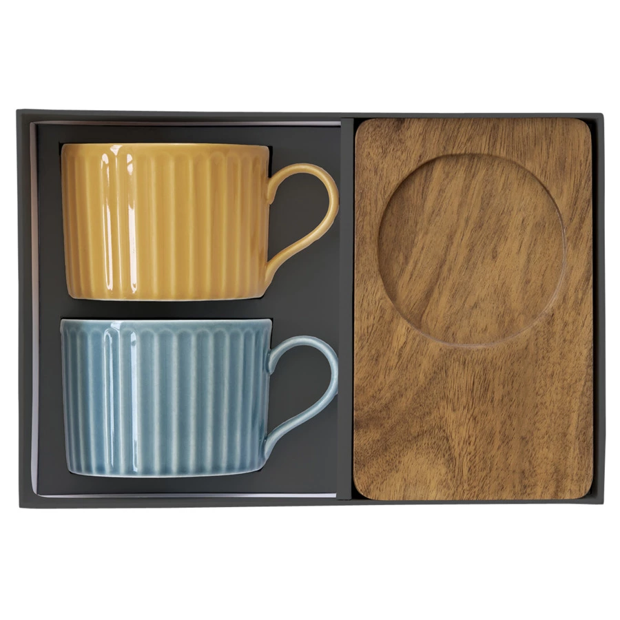 Набор кружек на подставке Easy Life Время отдыха 250 мл, 2 шт, фарфор твердый, дерево, синяя, желтая