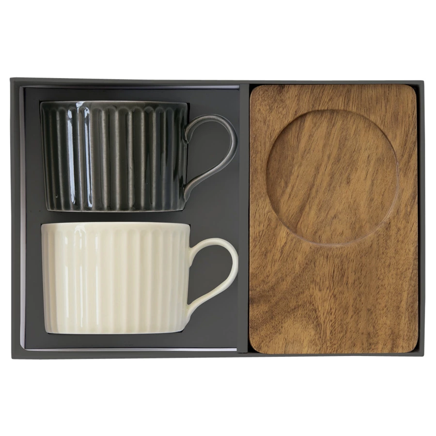 Набор кружек на подставке Easy Life Время отдыха 250 мл, 2 шт, фарфор твердый, дерево, черная, светл