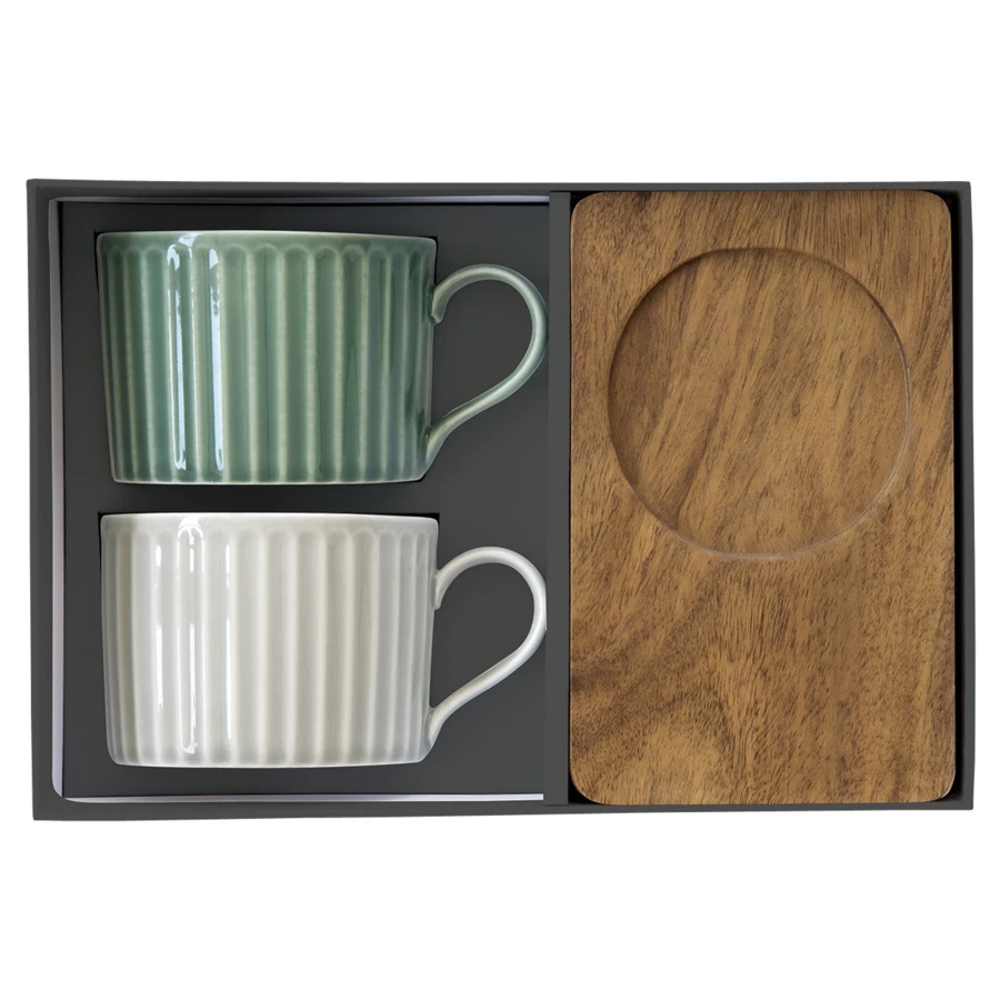 Набор кружек на подставке Easy Life Время отдыха 250 мл, 2 шт, фарфор твердый, дерево, зеленая, свет