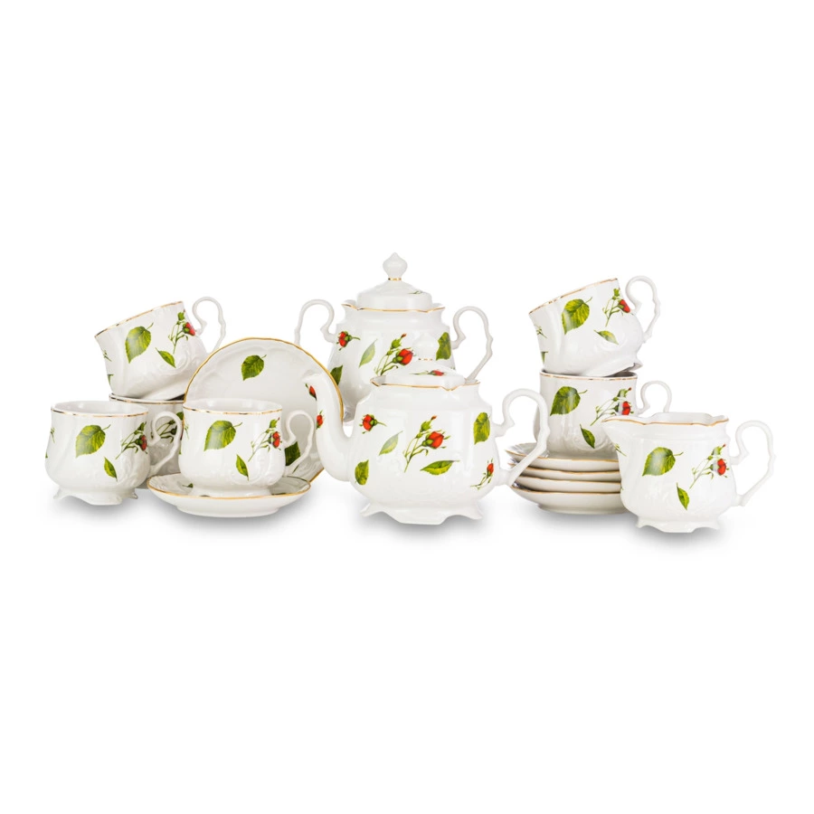 Сервиз чайный Промыслы Вербилок Кузнецовский Бутоны раскидные на 6 персон 15 предметов, фарфор