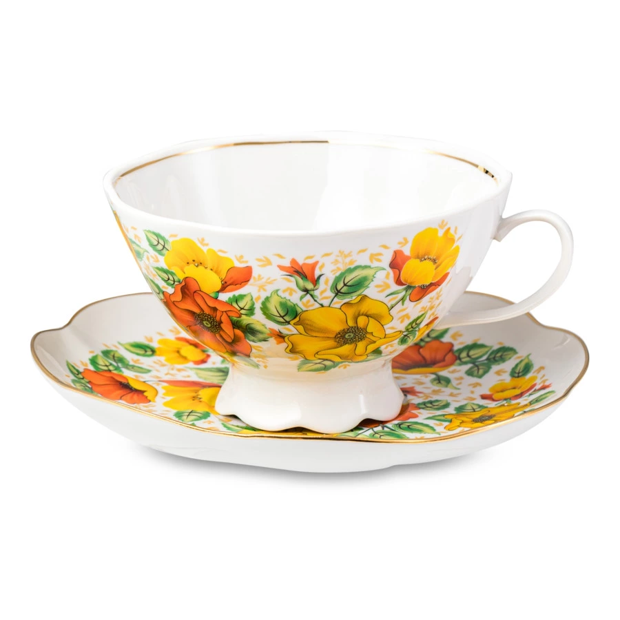 Чашка чайная с блюдцем Промыслы Вербилок Восточная принцесса Оранжевое лето 270 мл, фарфор