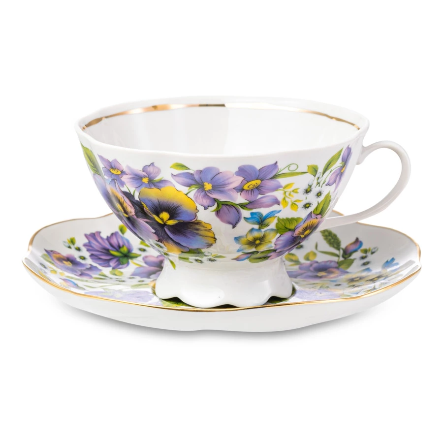 Чашка чайная с блюдцем Промыслы Вербилок Восточная принцесса Фиалки 270 мл, фарфор