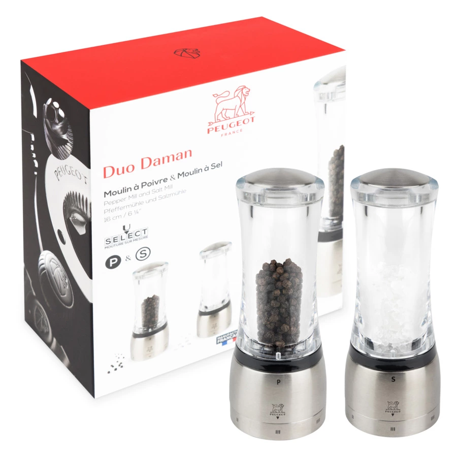Набор мельниц для соли и перца Peugeot Daman 16 см, сталь нержавеющая, акрил, прозрачный