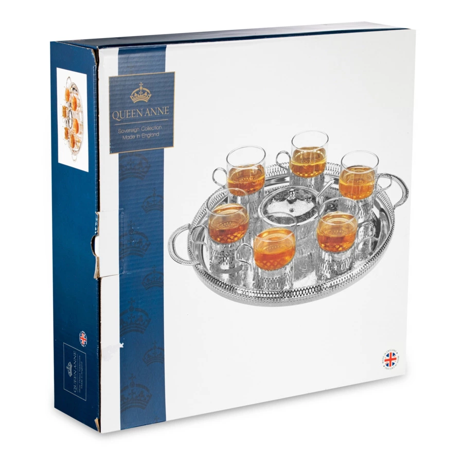 Набор для чая Queen Anne: поднос, сахарница, ложка, 6 стаканов с подстаканниками, сталь, стекло