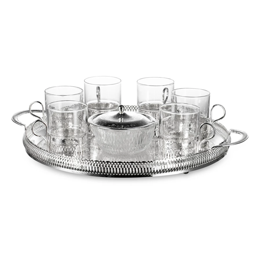 Набор для чая Queen Anne: поднос, сахарница, ложка, 6 стаканов с подстаканниками, сталь, стекло