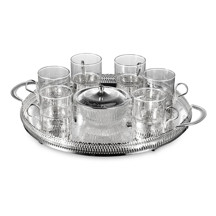 Набор для чая Queen Anne: поднос, сахарница, ложка, 6 стаканов с подстаканниками, сталь, стекло