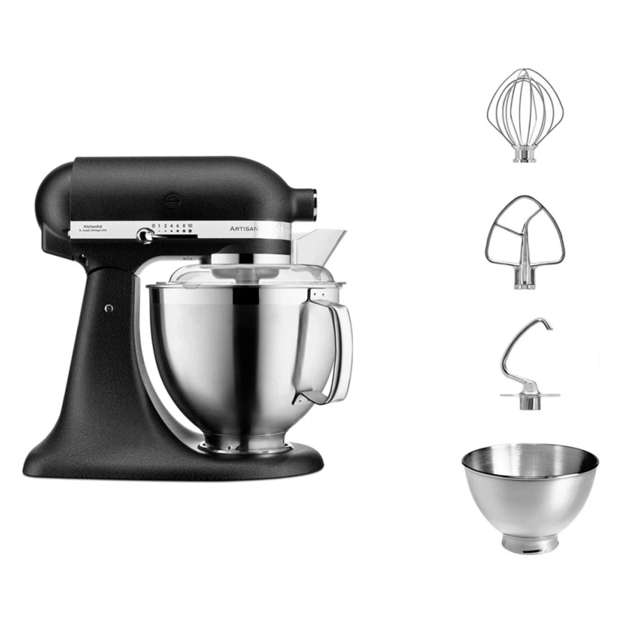 Миксер планетарный KitchenAid Artisan 4.8 л, 3 насадки, экран, чаша 3 л, 5KSM185PSEBK, черный чугун