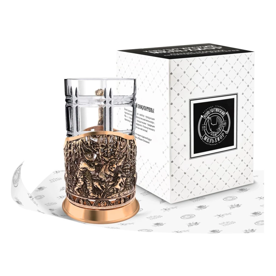 Набор для чая Кольчугинский мельхиор Медвежья охота, медь, п/к