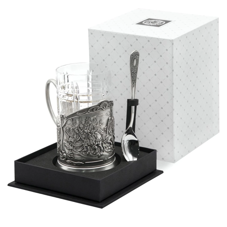 Набор для чая в футляре Кольчугинский мельхиор Тройка Триумфальная, посеребрение, п/к