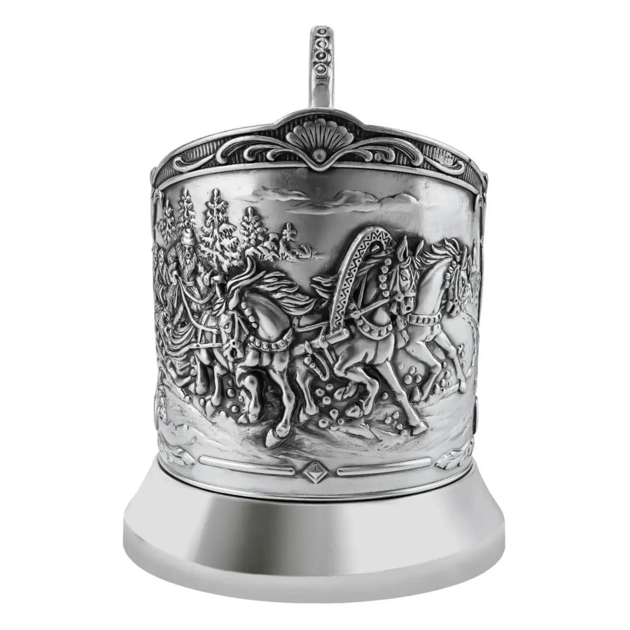 Набор для чая в футляре Кольчугинский мельхиор Тройка Триумфальная, посеребрение, п/к