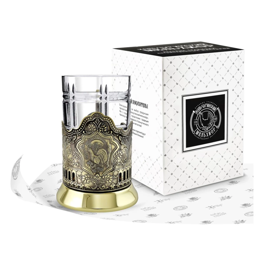 Набор для чая в футляре Кольчугинский мельхиор Глухарь, латунь