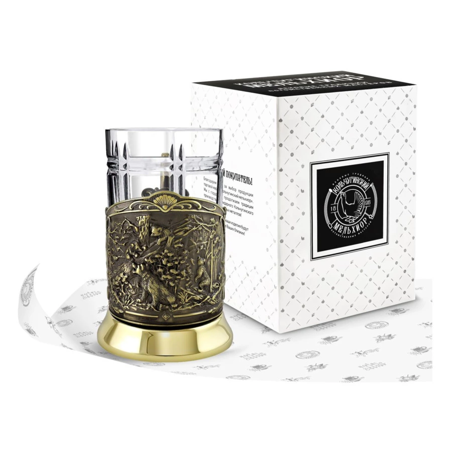 Набор для чая в футляре Кольчугинский мельхиор Мишки в лесу, латунь