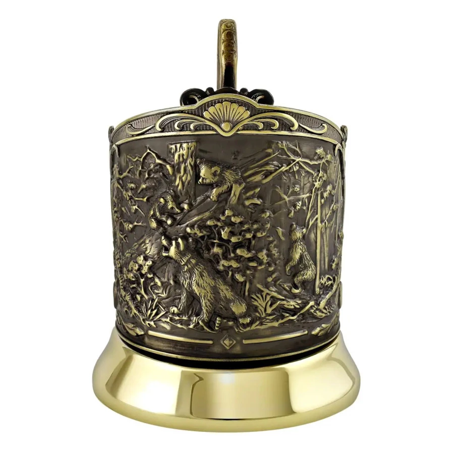 Набор для чая в футляре Кольчугинский мельхиор Мишки в лесу, латунь