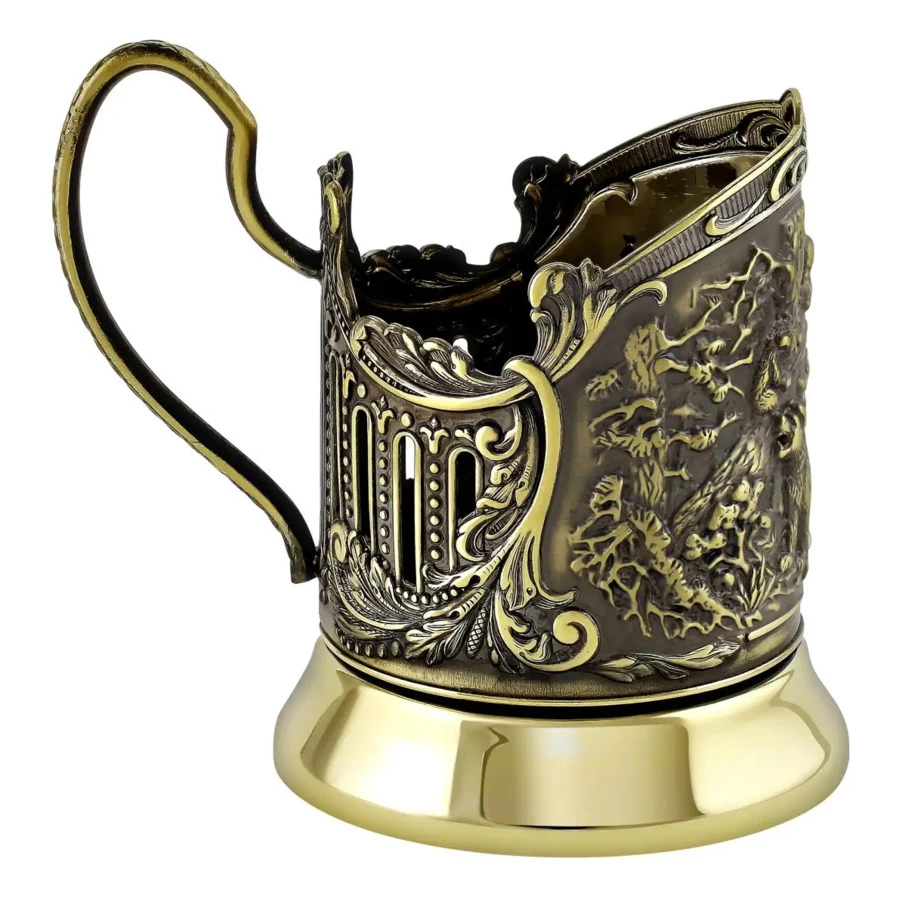 Набор для чая в футляре Кольчугинский мельхиор Мишки в лесу, латунь