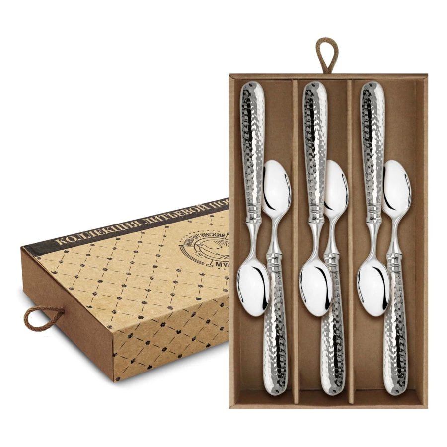 Набор чайных ложек в коробке Кольчугинский мельхиор Кованый, 6 предмета, посеребрение, п/к