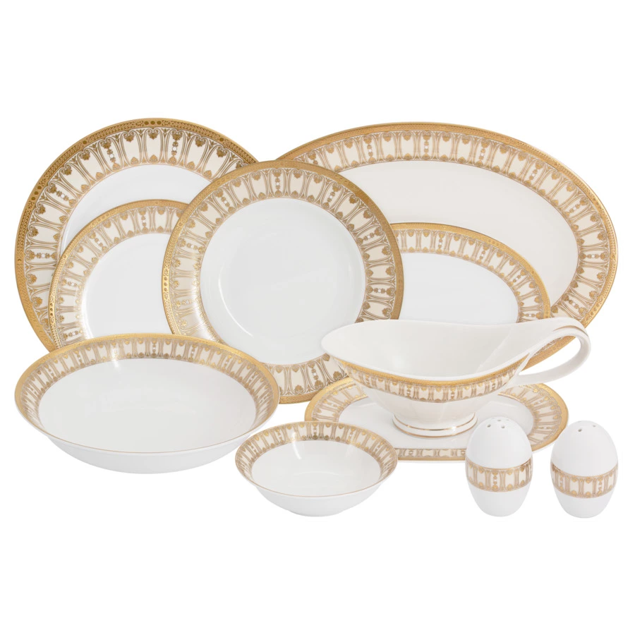 Сервиз столовый Midori Contessa 50 предметов на 12 персон, фарфор твердый, бежевый с золотым, п/к
