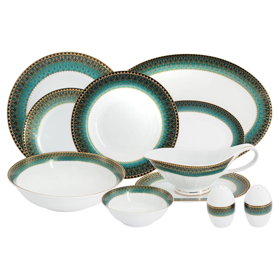Сервиз столовый Midori Бухара 50 предметов на 12 персон, фарфор твердый, зеленый, п/к