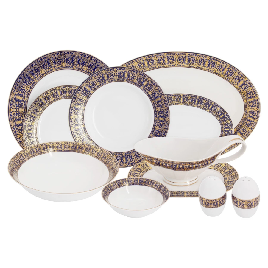 Сервиз столовый Midori Византия 50 предметов на 12 персон, фарфор твердый, синий с золотым, п/к