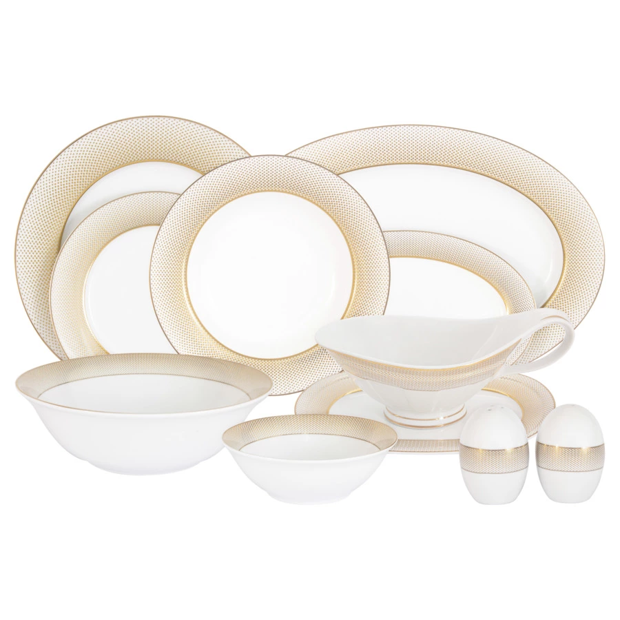 Сервиз столовый Midori Вирджиния 50 предметов на 12 персон, фарфор твердый, белый с золотым, п/к