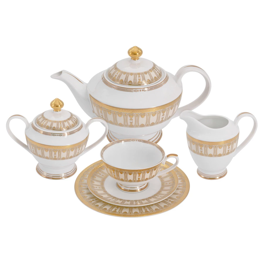 Сервиз чайный  Midori Contessa 23 предмета на 6 персон, фарфор твердый, бежевый с золотым, п/к